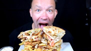 ASMR MUKBANG CHICKEN GYRO CLUB SANDWICH GREEK STREET FOOD MUSTARD SAUCE BINGE NO TALKING-1