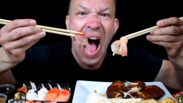 ASMR MUKBANG SUSHI COMBO SATAY FRIED CHICKEN WASABI TERIYAKI SAUCE AND A FART! NO TALKING-1